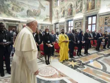 Pope Francis greets participants in a meeting promoted by the International Catholic Legislators Network in the Vatican's Clementine Hall, Aug. 27, 2021.